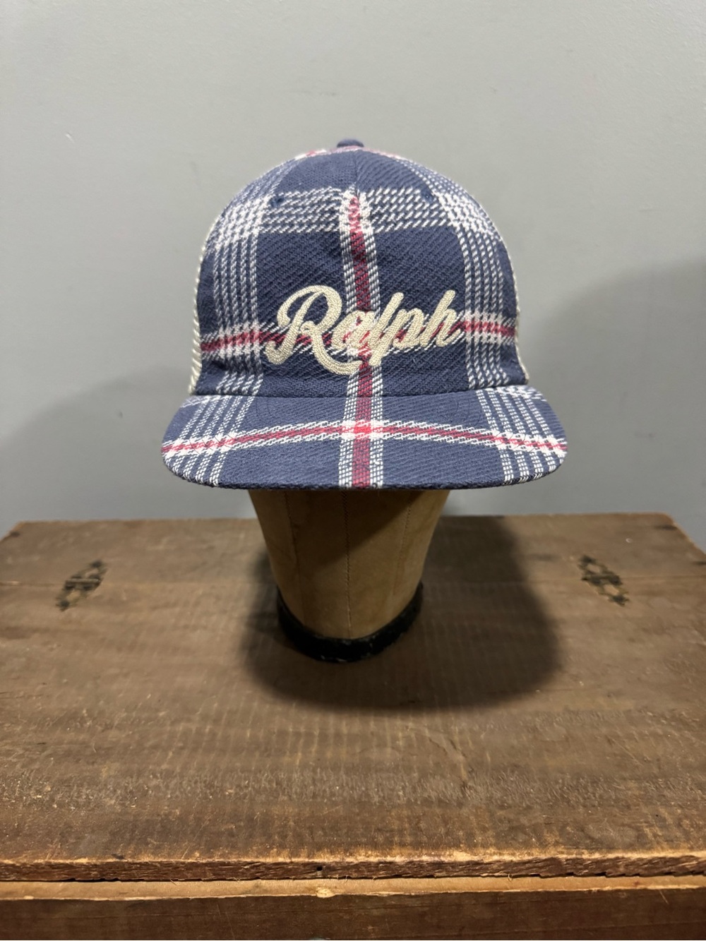 Polo Ralph Lauren Ralph Logo Plaid Trucker Cap Navy Mesh Leather Strap Hat